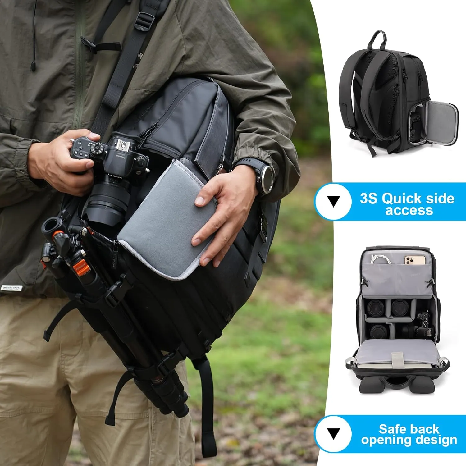 Camera Outdoor Camera Backpack Travel Camera Bag, Waterproof Photography Camera Case with Tripod Holder, 15.6" Laptop Compartment for Canon/Nikon/Sony SLR/DSLR Camera, Lens and Accessories