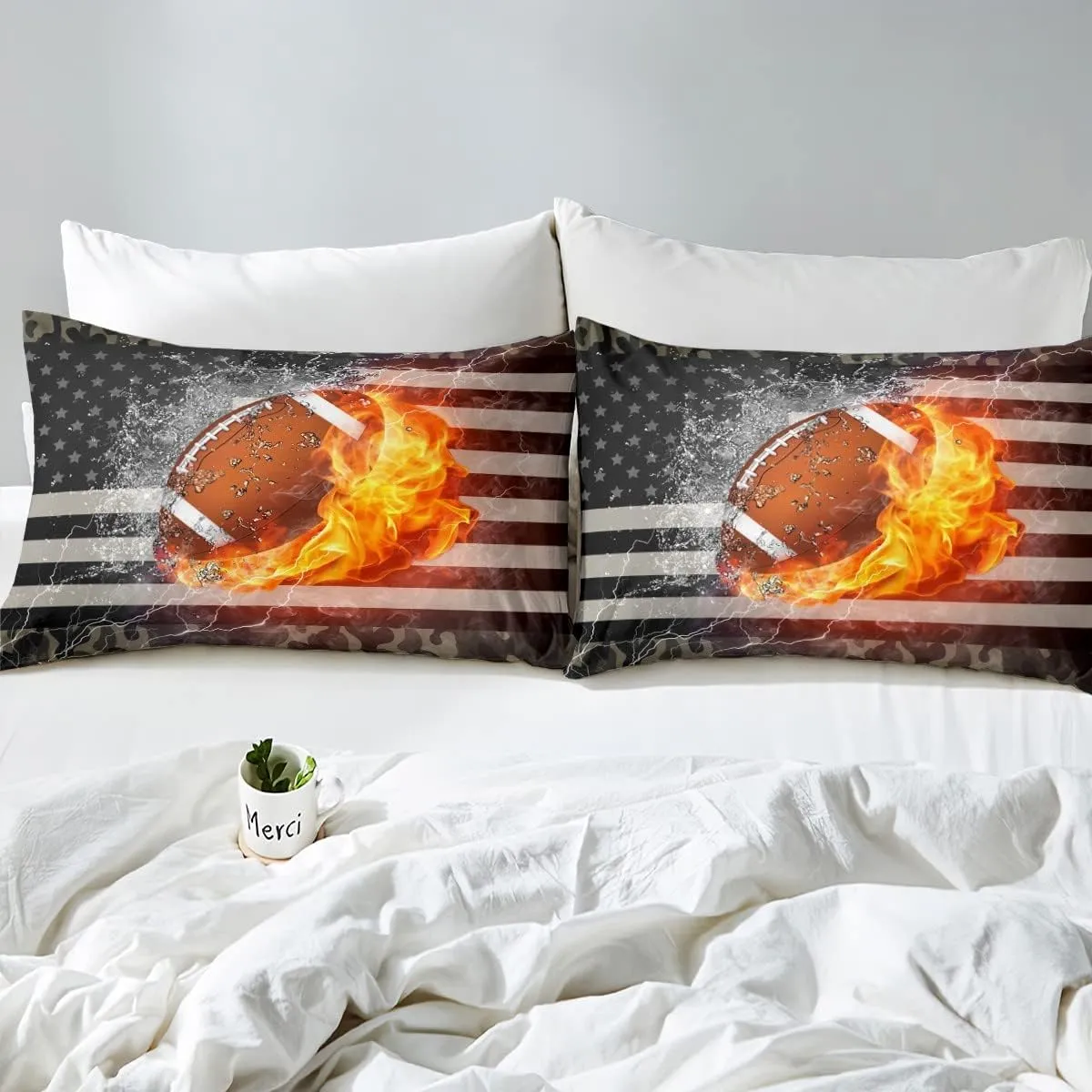 Camouflage Comforter Set for Boys, American Football Quilted Duvet Full Size, Sports Games Bedding Set for Kids Teens Adult Bedroom, USA Federations Stars Down Comforter 3 Piece with 2 Pillow Cases