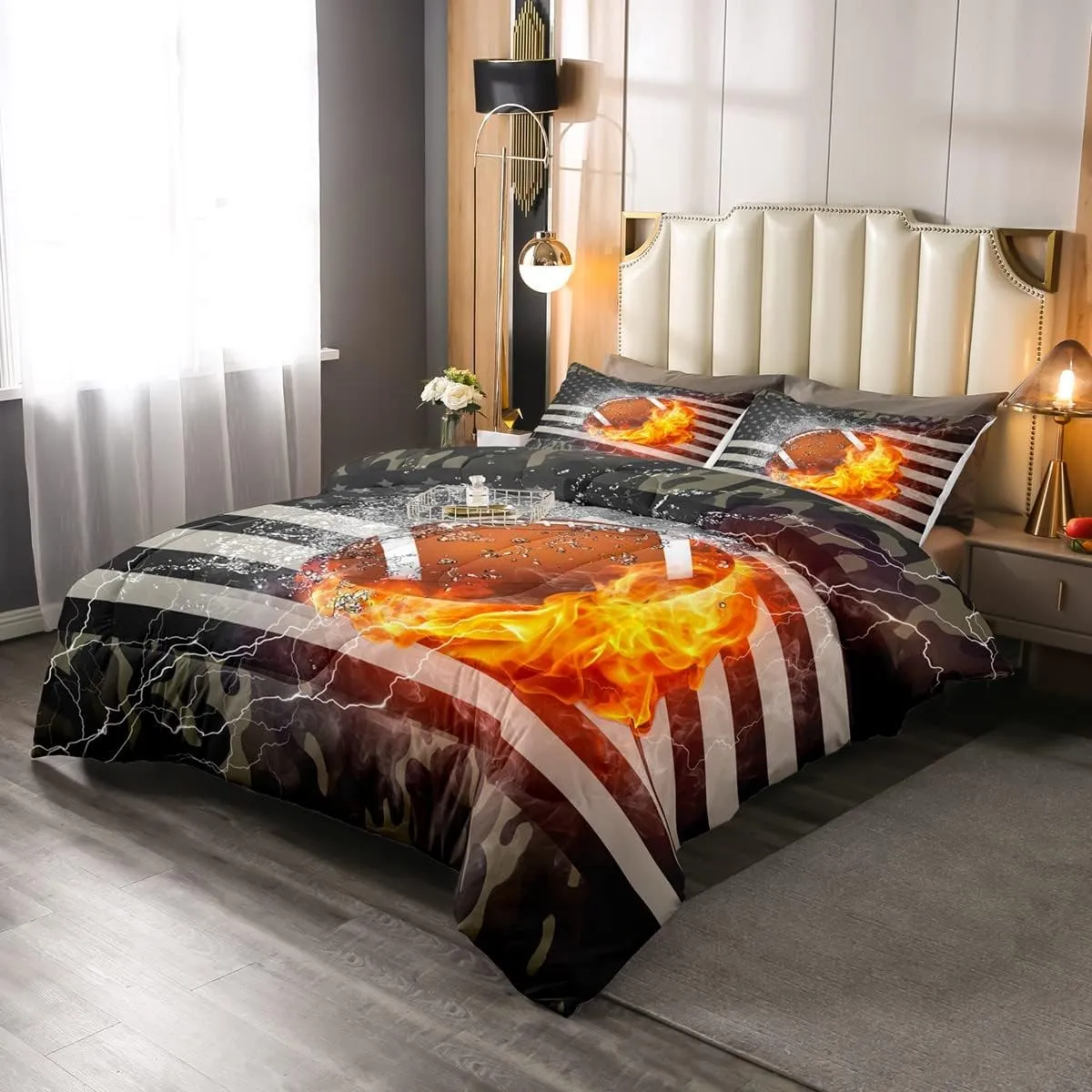 Camouflage Comforter Set for Boys, American Football Quilted Duvet Full Size, Sports Games Bedding Set for Kids Teens Adult Bedroom, USA Federations Stars Down Comforter 3 Piece with 2 Pillow Cases