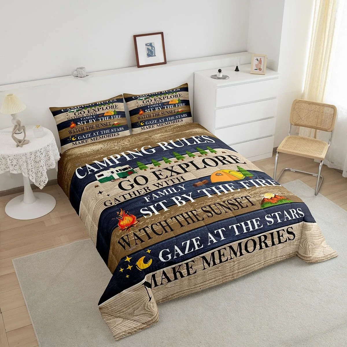 Camping Rules Comforter Set For Boys, Rustic Farmhouse Bedding Set Queen Size Camper Travel Car Quilted Duvet For Kids Teens Adult Bedroom, Country Wooden Planks Duvet Insert Cabin Room Decor, Brown