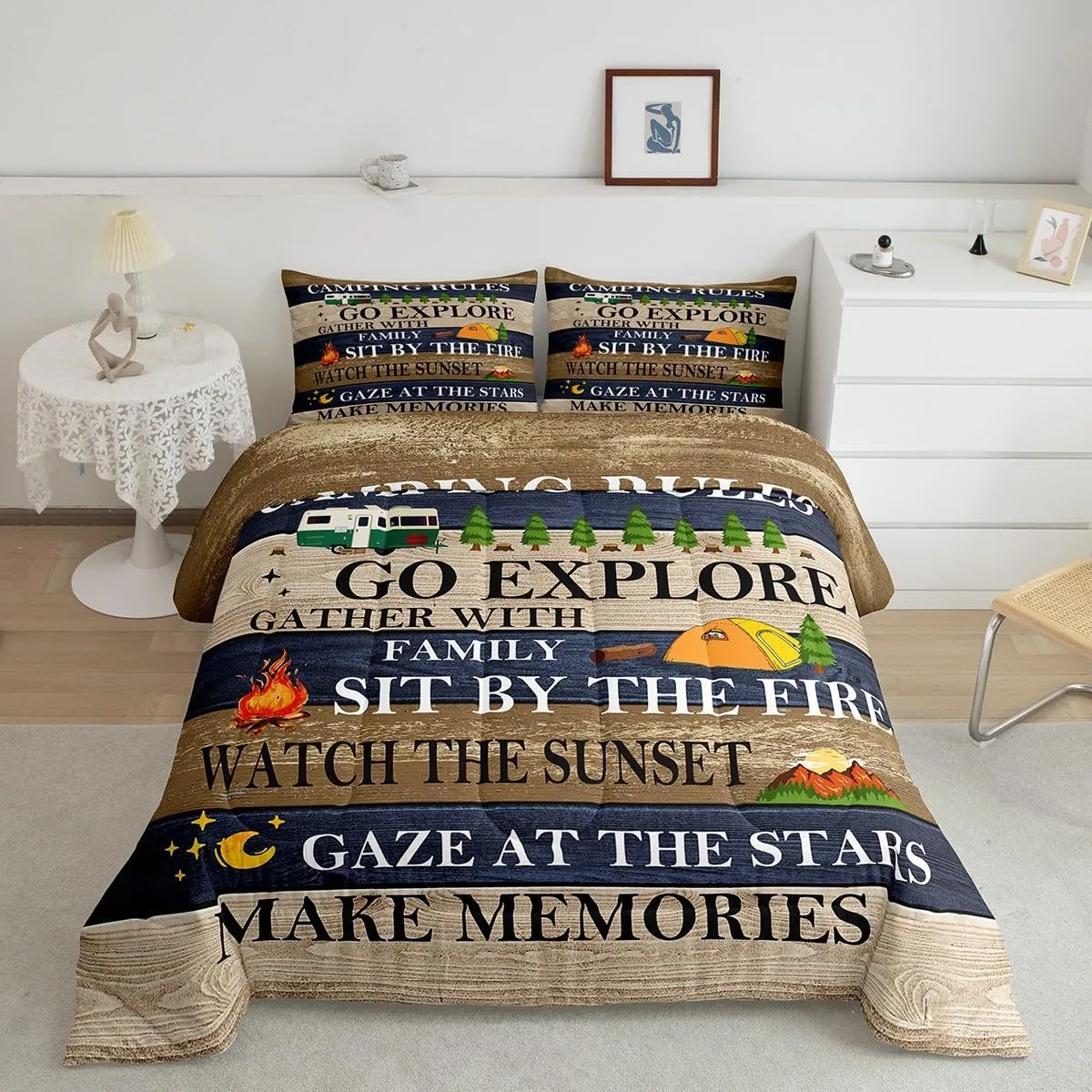 Camping Rules Comforter Set For Boys, Rustic Farmhouse Bedding Set Queen Size Camper Travel Car Quilted Duvet For Kids Teens Adult Bedroom, Country Wooden Planks Duvet Insert Cabin Room Decor, Brown