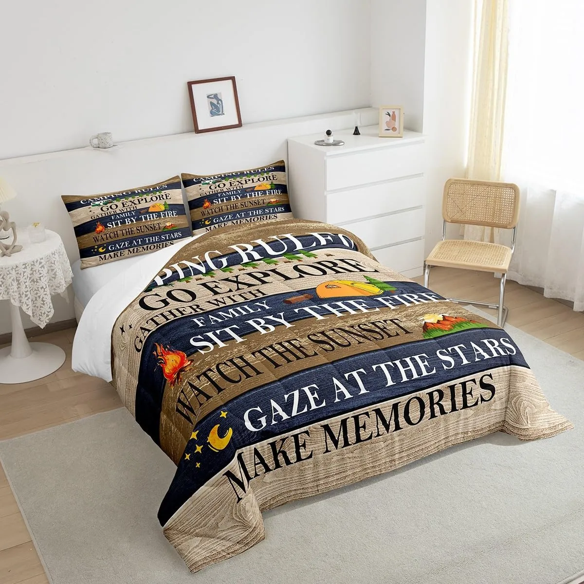 Camping Rules Comforter Set For Boys, Rustic Farmhouse Bedding Set Queen Size Camper Travel Car Quilted Duvet For Kids Teens Adult Bedroom, Country Wooden Planks Duvet Insert Cabin Room Decor, Brown