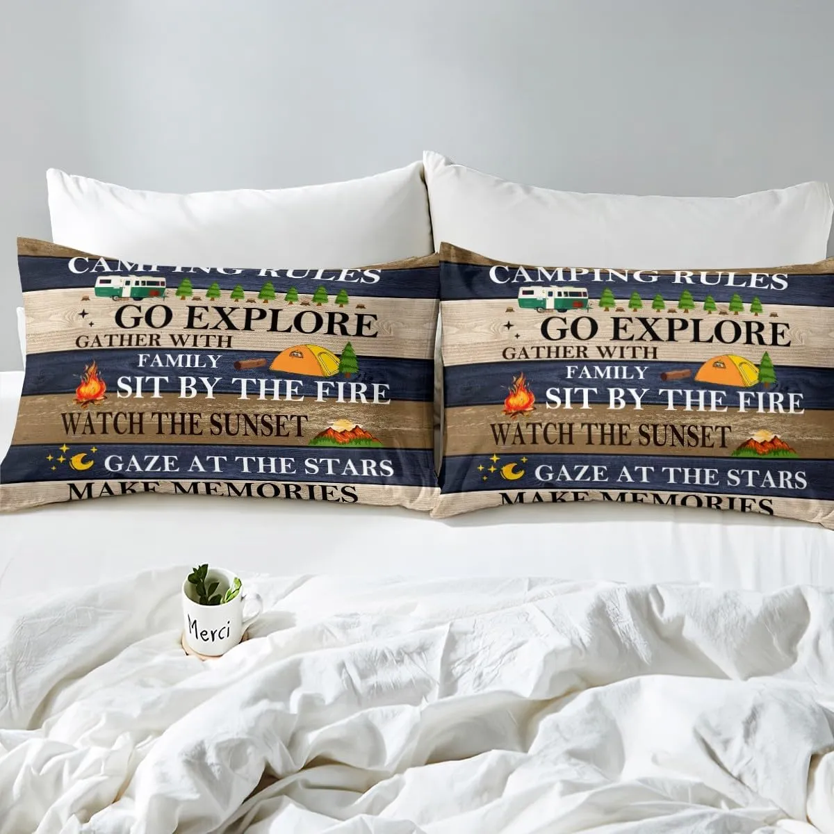 Camping Rules Comforter Set For Boys, Rustic Farmhouse Bedding Set Queen Size Camper Travel Car Quilted Duvet For Kids Teens Adult Bedroom, Country Wooden Planks Duvet Insert Cabin Room Decor, Brown