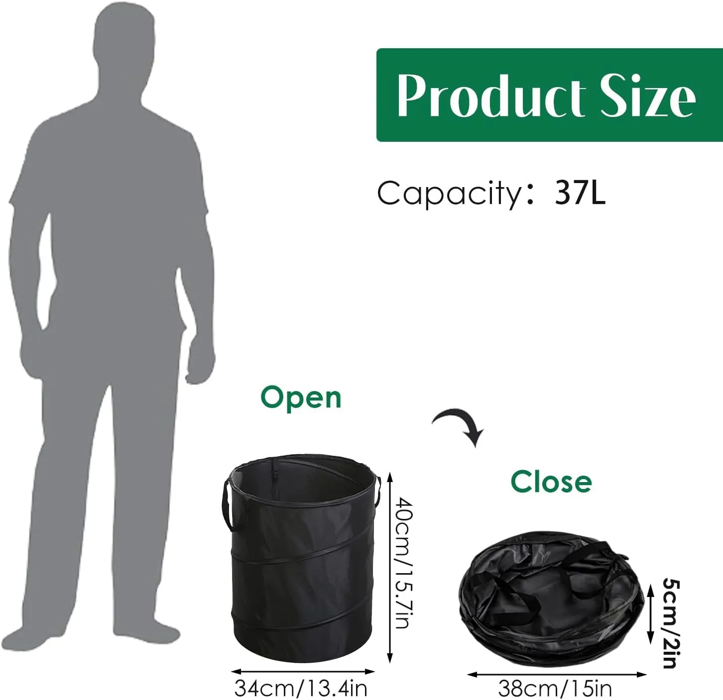 Camping Trash Can 34cm Diameter 10 Gallons Large Clip Model Dark Green Oxford Cloth Collapsible Waste Bag Portable Camping Trash Can for Balcony Gar Camping(Black)