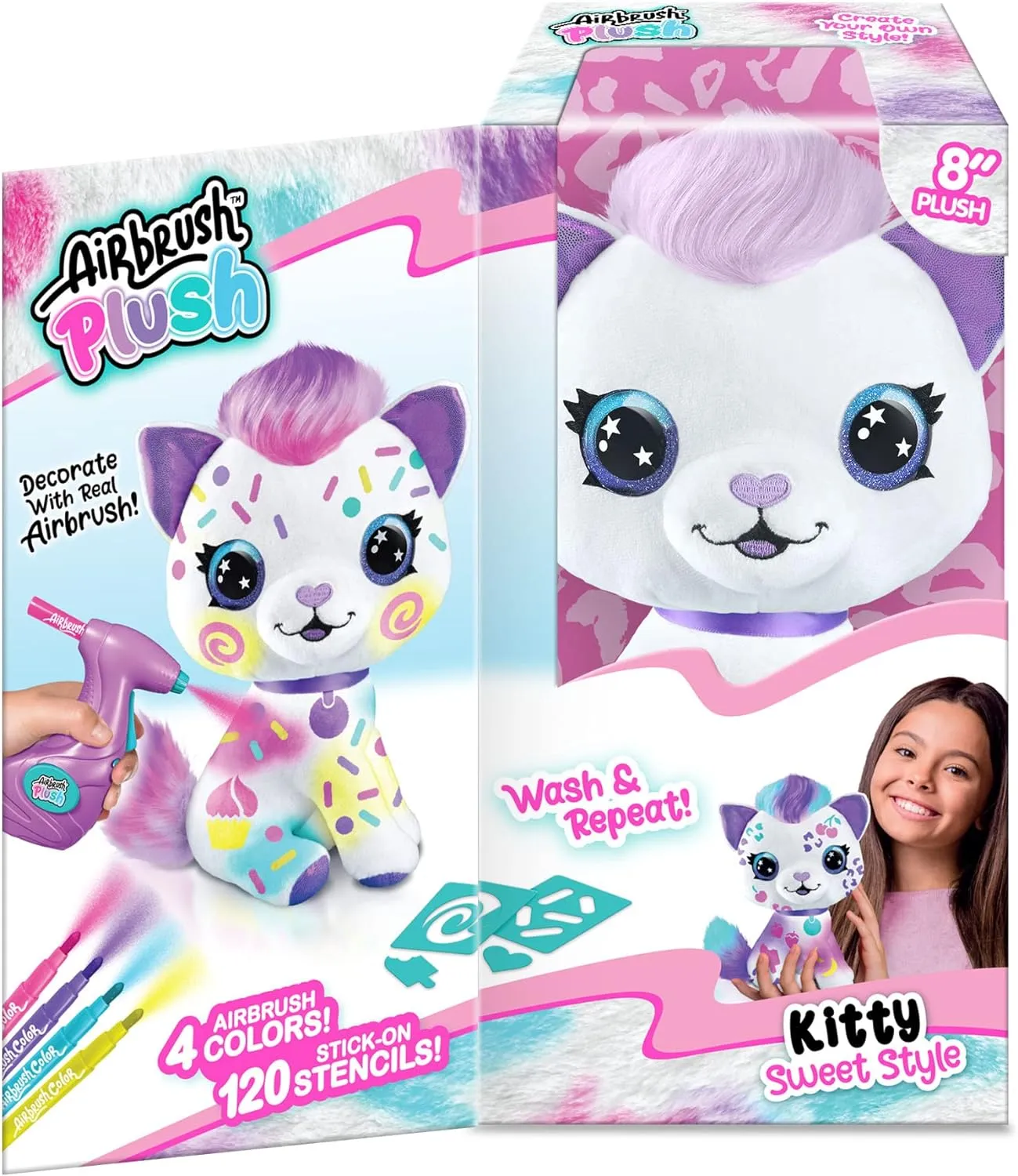 Canal Toys Personalize Airbrush Plush Large Kitty! Decorate, wash, Repeat! Customize Your own Spray Art Plush with Markers, Battery Powered Airbrush and 100  Stencils. Ages 6 