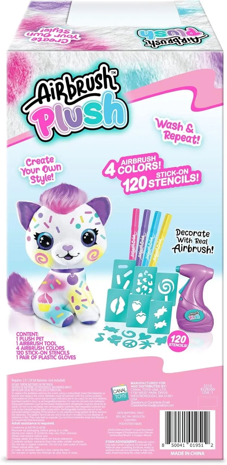 Canal Toys Personalize Airbrush Plush Large Kitty! Decorate, wash, Repeat! Customize Your own Spray Art Plush with Markers, Battery Powered Airbrush and 100  Stencils. Ages 6 