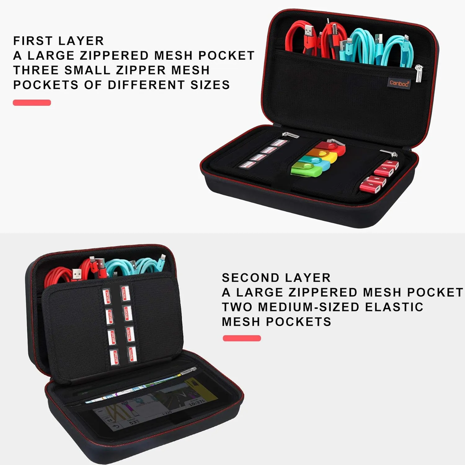 Canboc Hard Electronic Organizer Travel Case Electronics Accessories Cable Gadget Wire Storage Tech Bag Double Layer Shockproof Box for Charger Cord Flash Drive Mouse Apple Pencil Power Bank, Black