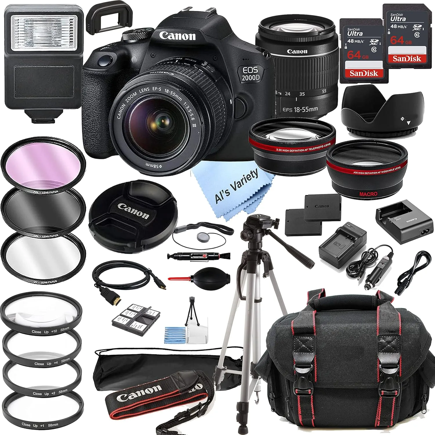 Canon EOS 2000D (Rebel T7) DSLR Camera w/EF-S 18-55mm F/3.5-5.6 Zoom Lens   128GB Memory   Case   Tripod   Filters (36pc Bundle) (Renewed)