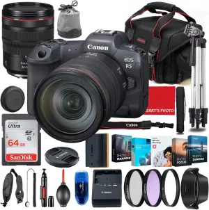 Canon EOS R5 Mirrorless Camera with 24-105mm f/4L USM Lens Bundle   Premium Accessory Bundle Including 64GB Memory, Filters, Photo/Video Software Package, Shoulder Bag & More (Renewed)