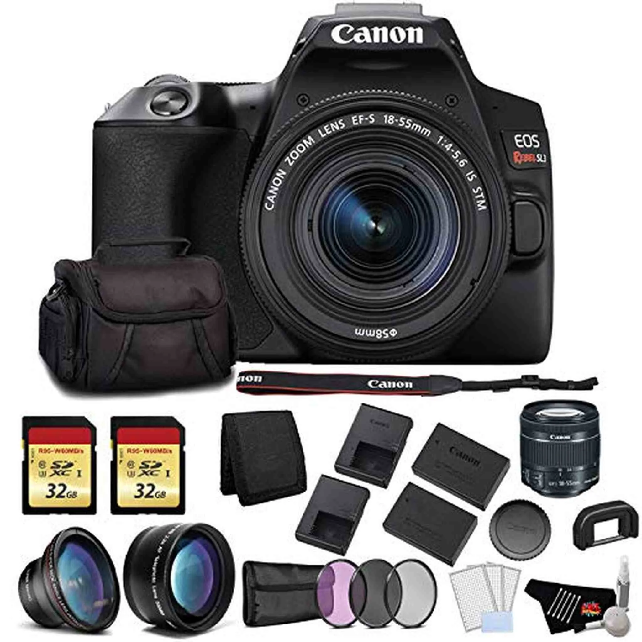 Canon EOS Rebel SL3 DSLR Camera with 18-55mm Lens (Black) Bundle with 2x32GB Memory Card   Battery for CanonLPE17   LCD