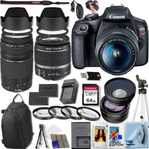 Canon EOS Rebel T7 DSLR Camera with EF-S 18-55MM F/3.5-5.6 is II  EF 75-300mm f/4-5.6 III Lenses   50'' Tripod   Camera Shoulder Bag   Deluxe Accessory Bundle, Black (Renewed)