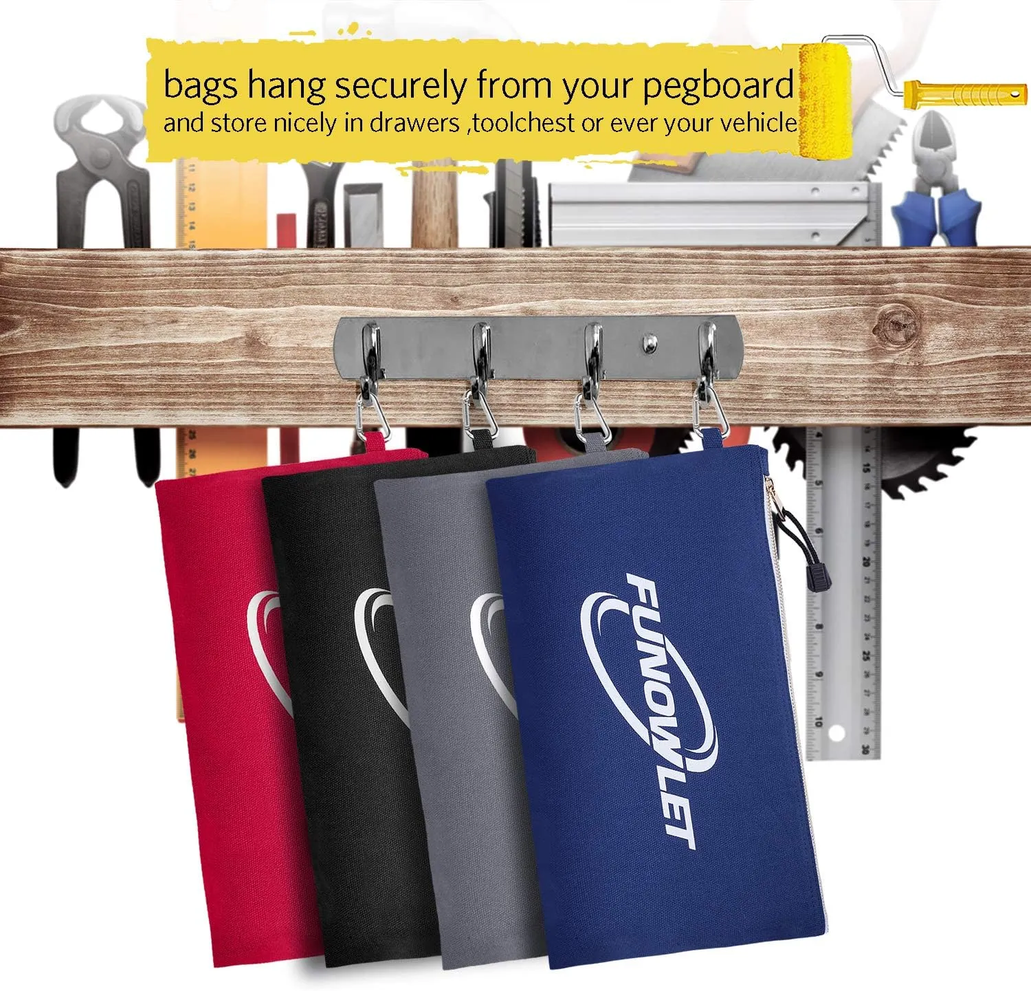 Canvas Zipper Utility Tool Bag - 4 Pack Heavy Duty Metal Zippers Tool Pouch with Carabiner, Well Made Organizer Clip on Tote Bags in Blue, Black, Gray, Red