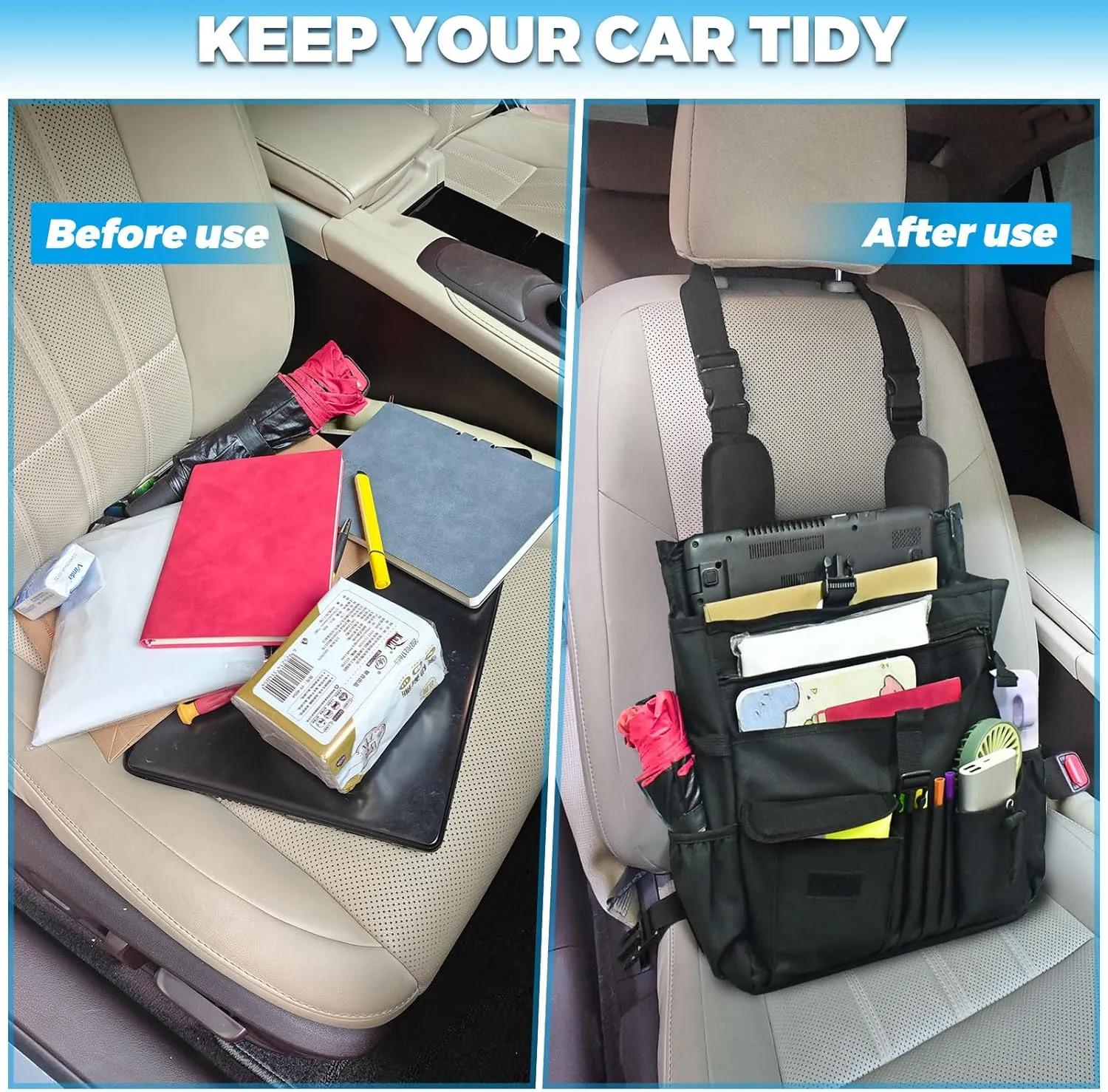 Car Front Seat Organizer with Laptop Storage, Stabilizing Side Straps, Adjustable Shoulder Strap, Truck Organizer, Black