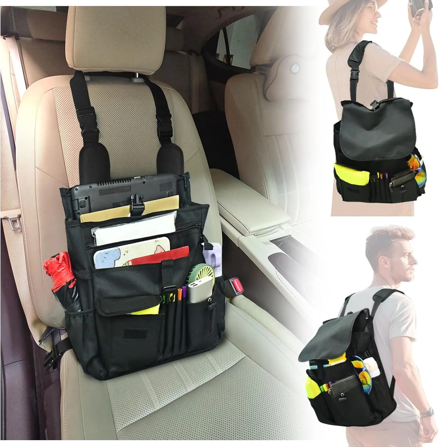 Car Front Seat Organizer with Laptop Storage, Stabilizing Side Straps, Adjustable Shoulder Strap, Truck Organizer, Black
