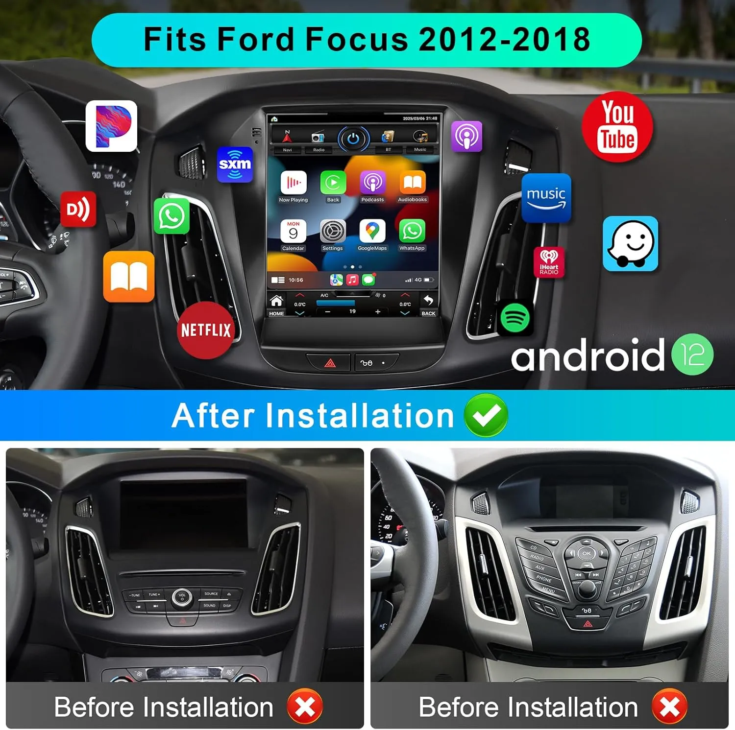 Car Radio for Ford Focus 2012 2013 2014 2015 2016 2017 2018 Android 12 Stereo with Wireless Carplay Android Auto,9.7 Inch Vertical HD Touch Screen with GPS Navigation Bluetooth WiFi 2G RAM 32G ROM