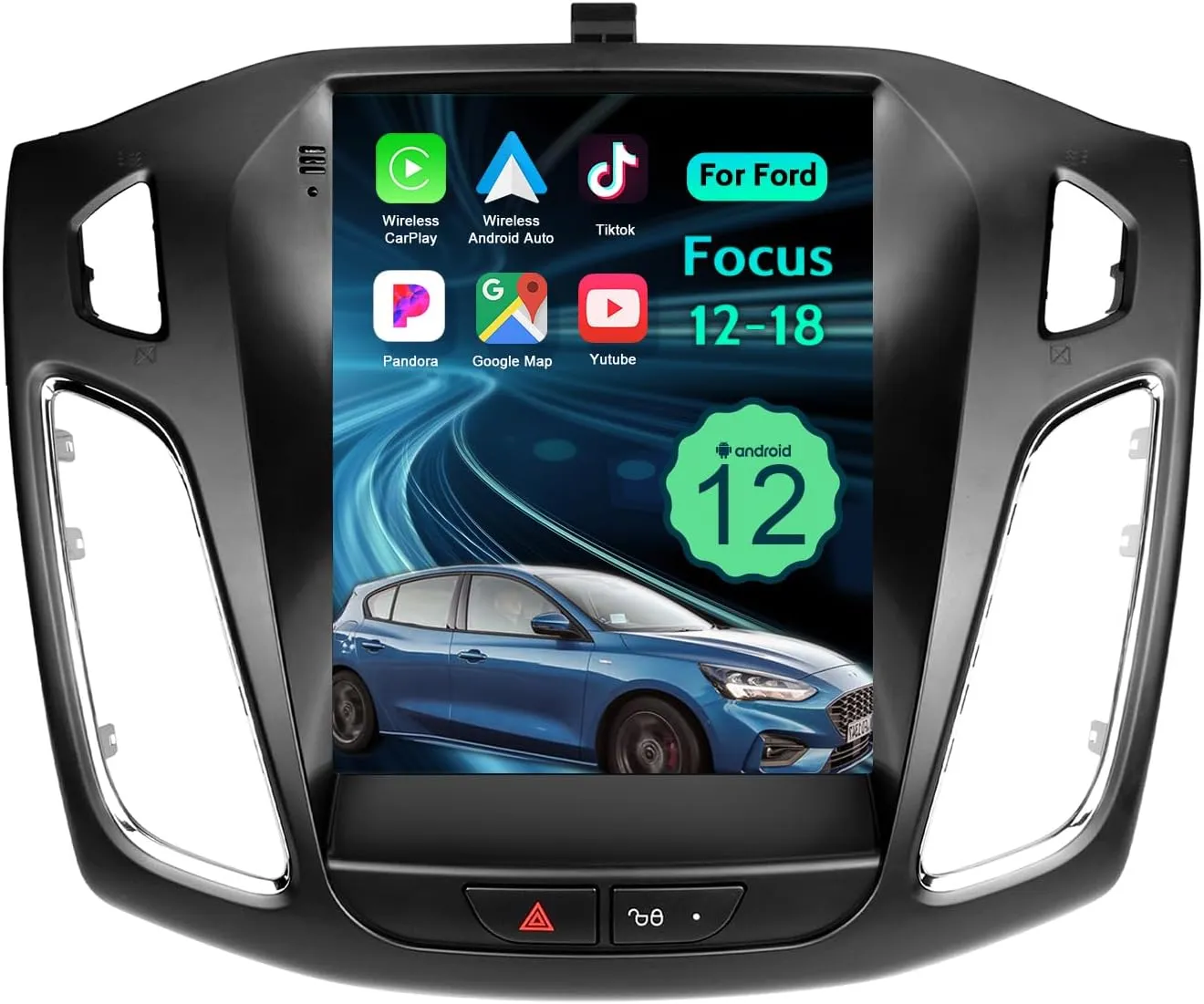 Car Radio for Ford Focus 2012 2013 2014 2015 2016 2017 2018 Android 12 Stereo with Wireless Carplay Android Auto,9.7 Inch Vertical HD Touch Screen with GPS Navigation Bluetooth WiFi 2G RAM 32G ROM