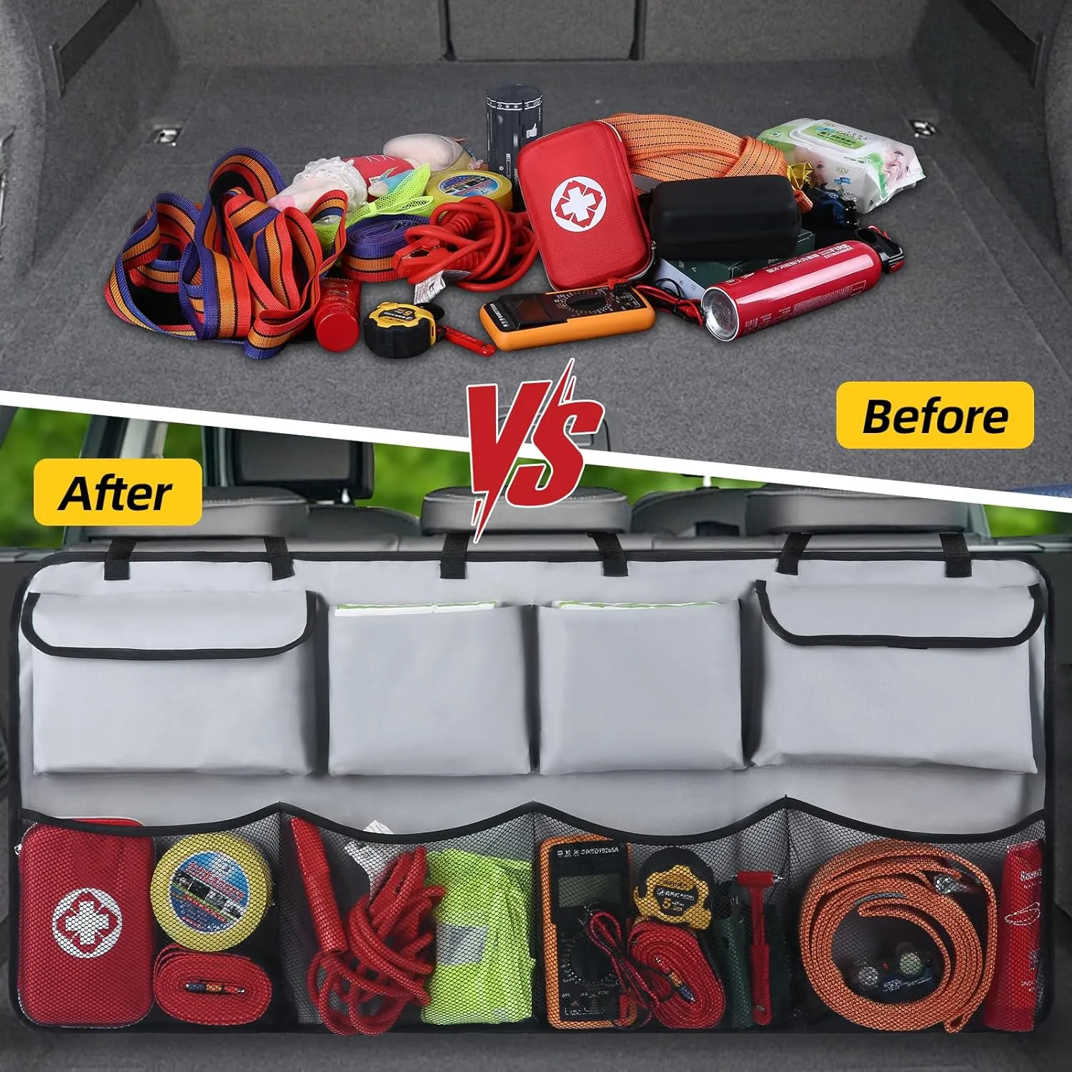 Car Trunk Organizer & Backseat Hanging Organizer with 8 Large Storage Bags - Super Capacity with 30% Extra Storage Space for SUVs,Trucks,Vans -Ultimate Car Organization for a Clutter-Free Space-Grey