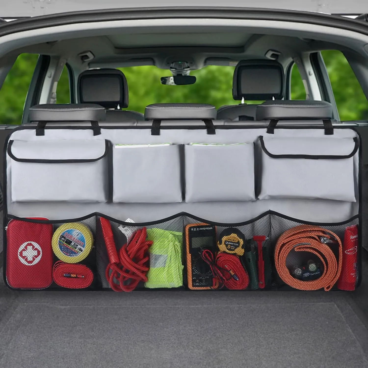 Car Trunk Organizer & Backseat Hanging Organizer with 8 Large Storage Bags - Super Capacity with 30% Extra Storage Space for SUVs,Trucks,Vans -Ultimate Car Organization for a Clutter-Free Space-Grey