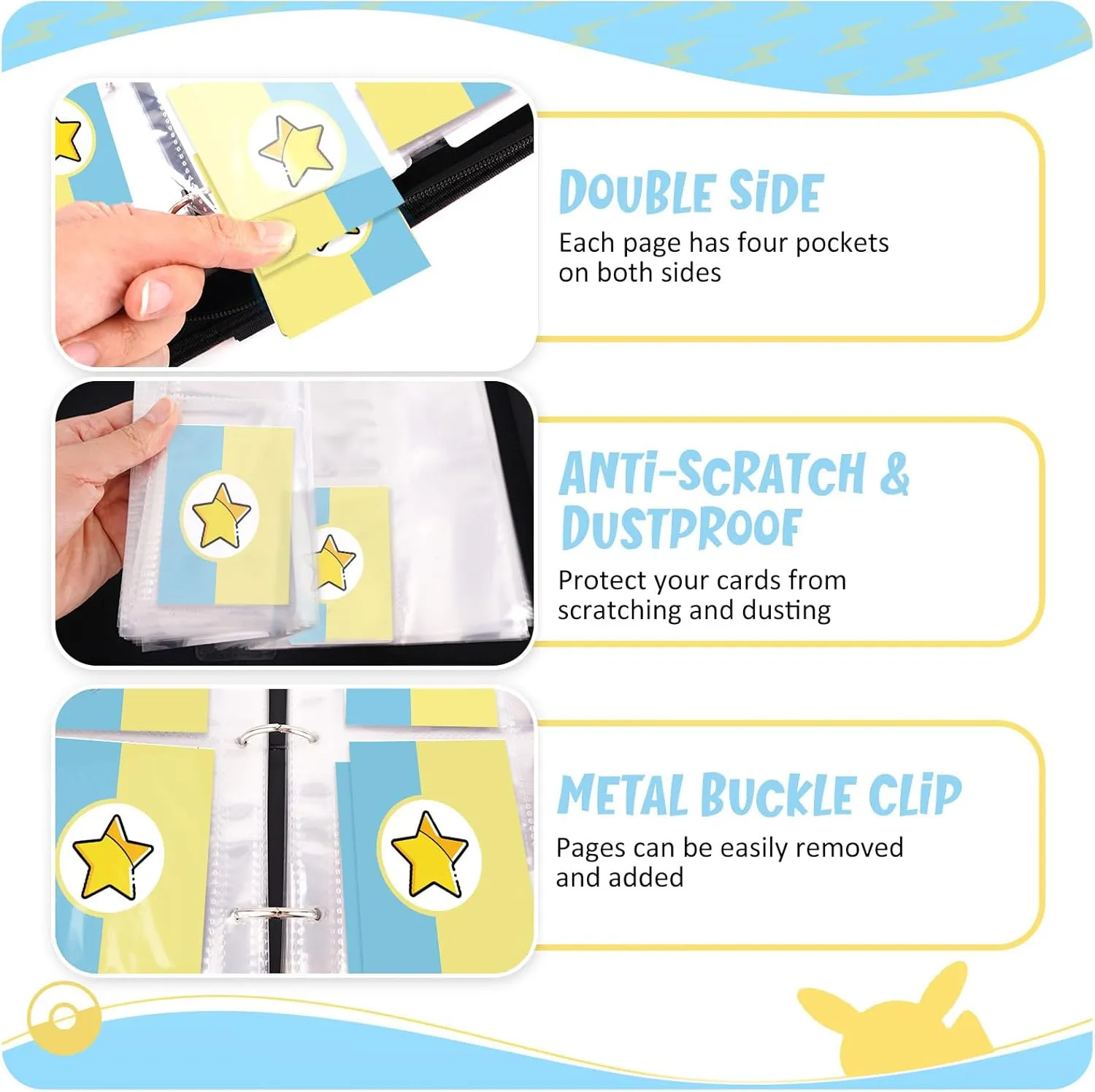 Card Binder 4-Pockets, 400 Pockets Card Holder with 50 Removable Sleeves, Trading Card Collector Zipper Album Holder, Yellow Blue