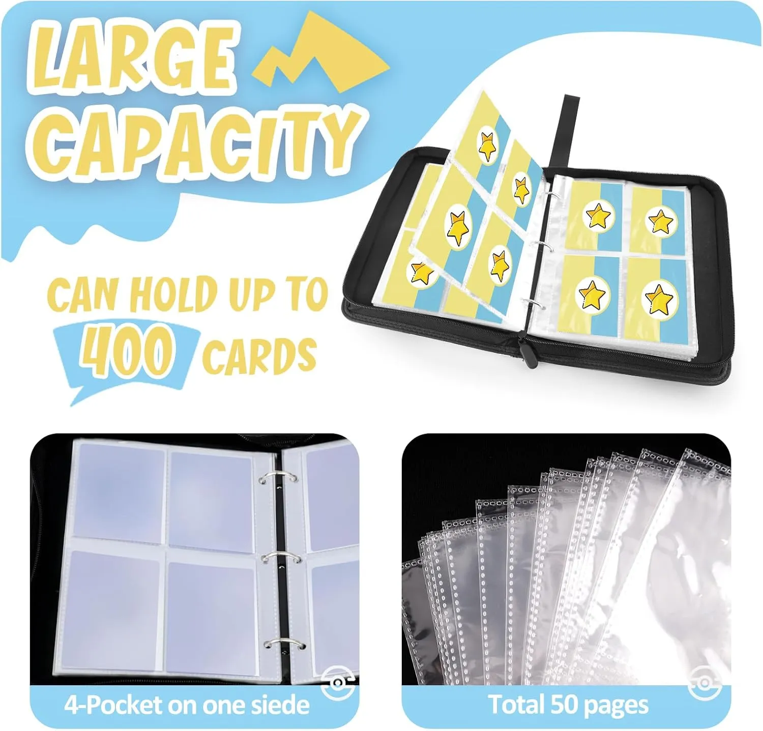Card Binder 4-Pockets, 400 Pockets Card Holder with 50 Removable Sleeves, Trading Card Collector Zipper Album Holder, Yellow Blue