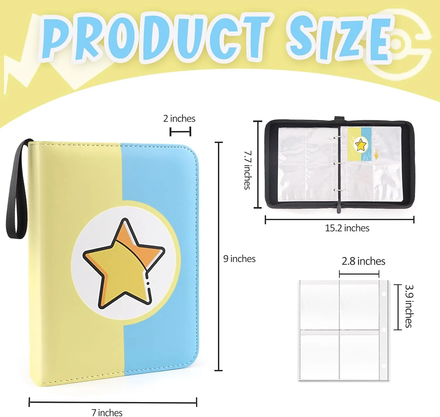 Card Binder 4-Pockets, 400 Pockets Card Holder with 50 Removable Sleeves, Trading Card Collector Zipper Album Holder, Yellow Blue