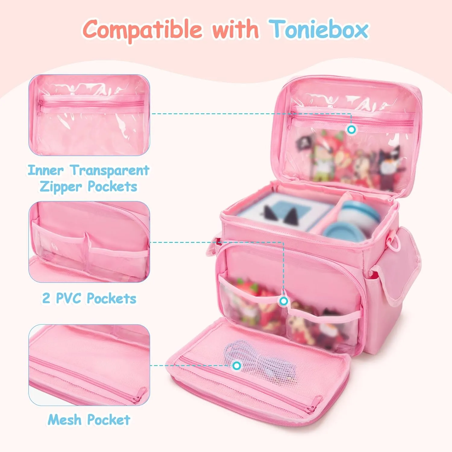 Carrying Case Compatible with Tonies, Storage Bag Organizer for Audio Player Starter Set, Figures, Headphones, Charging Station, Accessories, with Shoulder Strap and Handle, Pink (Case Only)