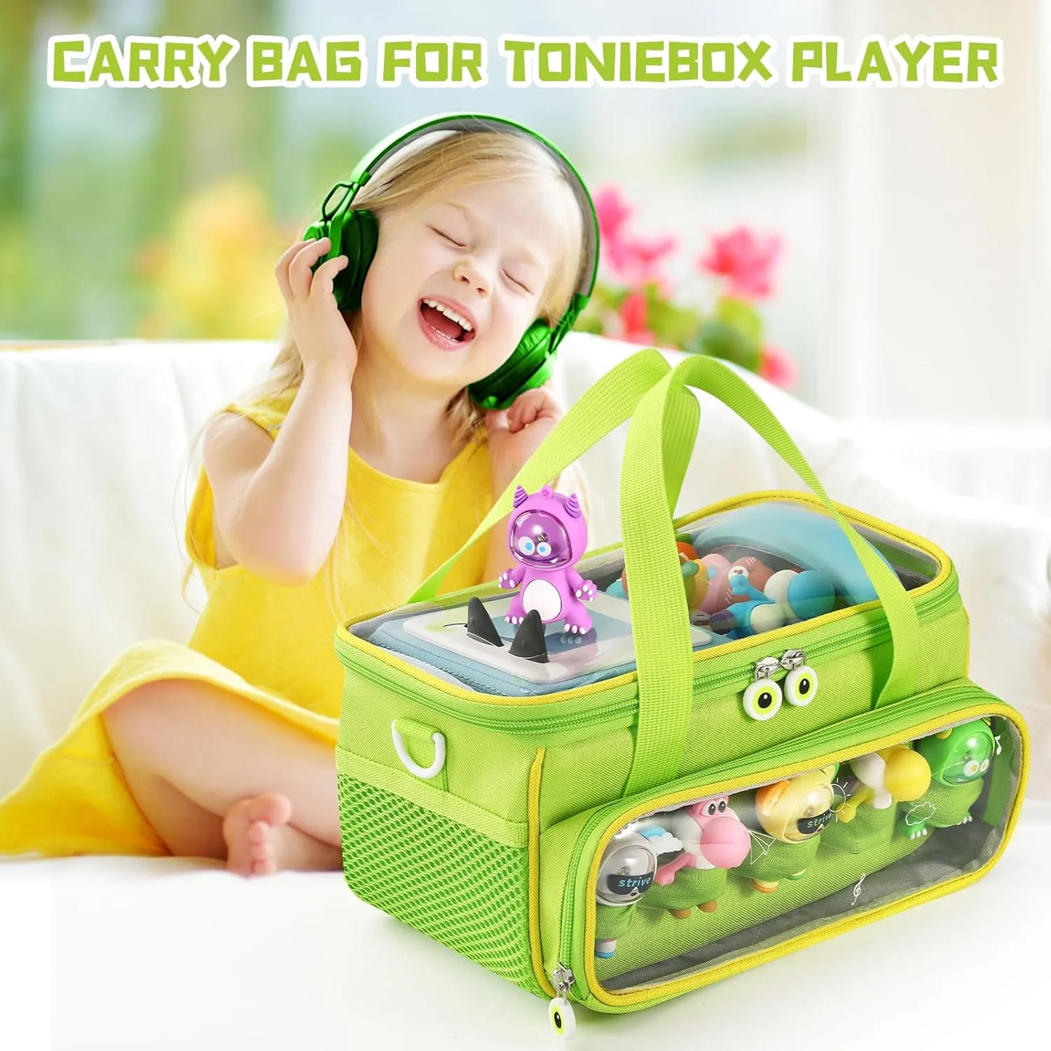 Carrying Case for Toniebox, Storage Carrier Bag for Tonie Characters with Shoulder Strap and Handle, Home Outdoor Hand Bag for Tonies Audio Player and Dolls (Green)