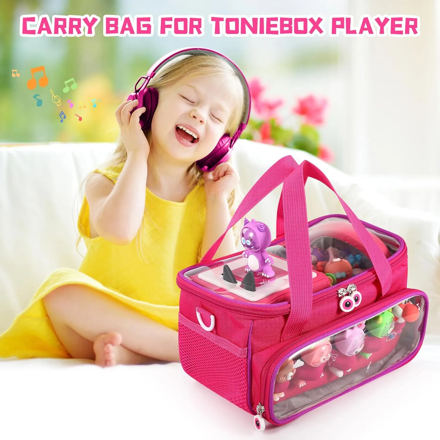 Carrying Case for Toniebox, Storage Carrier Bag for Tonie Characters with Shoulder Strap and Handle, Home Outdoor Hand Bag for Tonies Audio Player and Dolls (Rose Red)