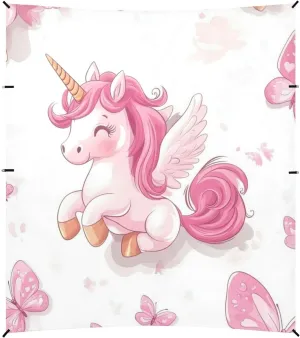 Cartoon Cute Pink Unicorns Butterfly Beach Tent & Canopy UPF50  Protection Easy Setup Large Portable Sun Shelter with Sandbags & Sand Shovel for Camping, Picnics, Backyard & Fishing