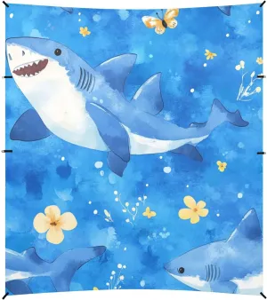 Cartoon Cute Shark Blue Foldable Beach Canopy UPF50 Lightweight Large Portable Sun Shelter with Sandbags, Sand Shovel, Poles for Camping, Picnics, Backyard
