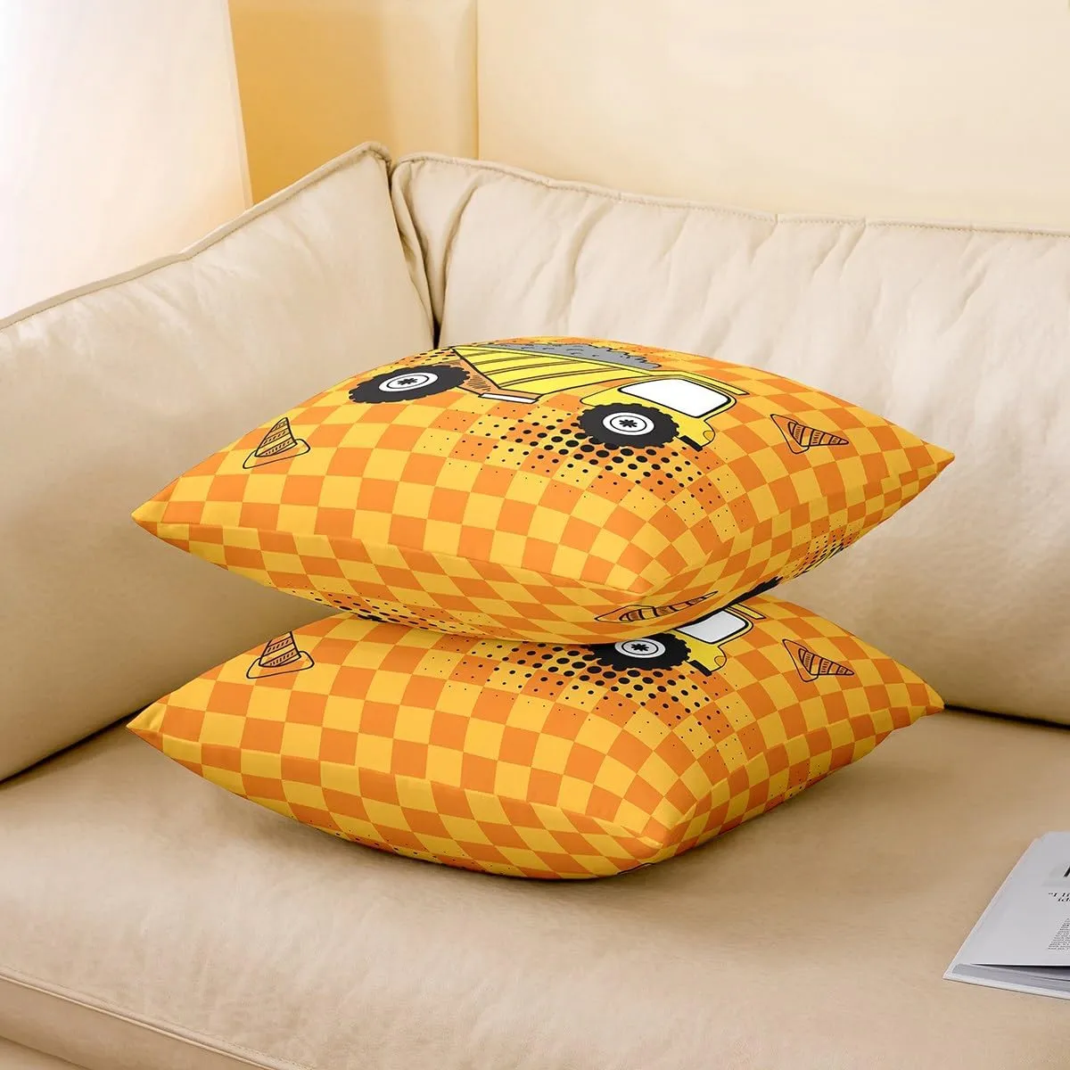 Cartoon Truck Kids Throw Pillow Covers Cute Equipment Truck Vehicle Decor Cushion Covers for Boys Girls Teens Orange Yellow Grid Hippie Graffiti Cushion Cases for Bedroom Sofa 24x24 Inch Set of 2