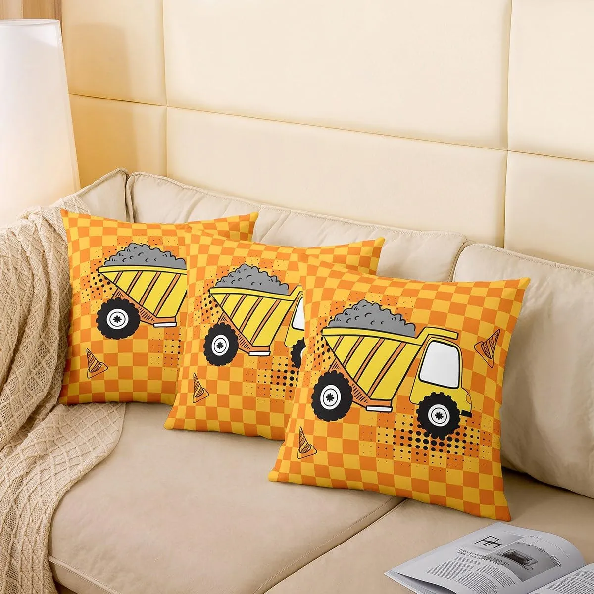 Cartoon Truck Kids Throw Pillow Covers Cute Equipment Truck Vehicle Decor Cushion Covers for Boys Girls Teens Orange Yellow Grid Hippie Graffiti Cushion Cases for Bedroom Sofa 24x24 Inch Set of 2