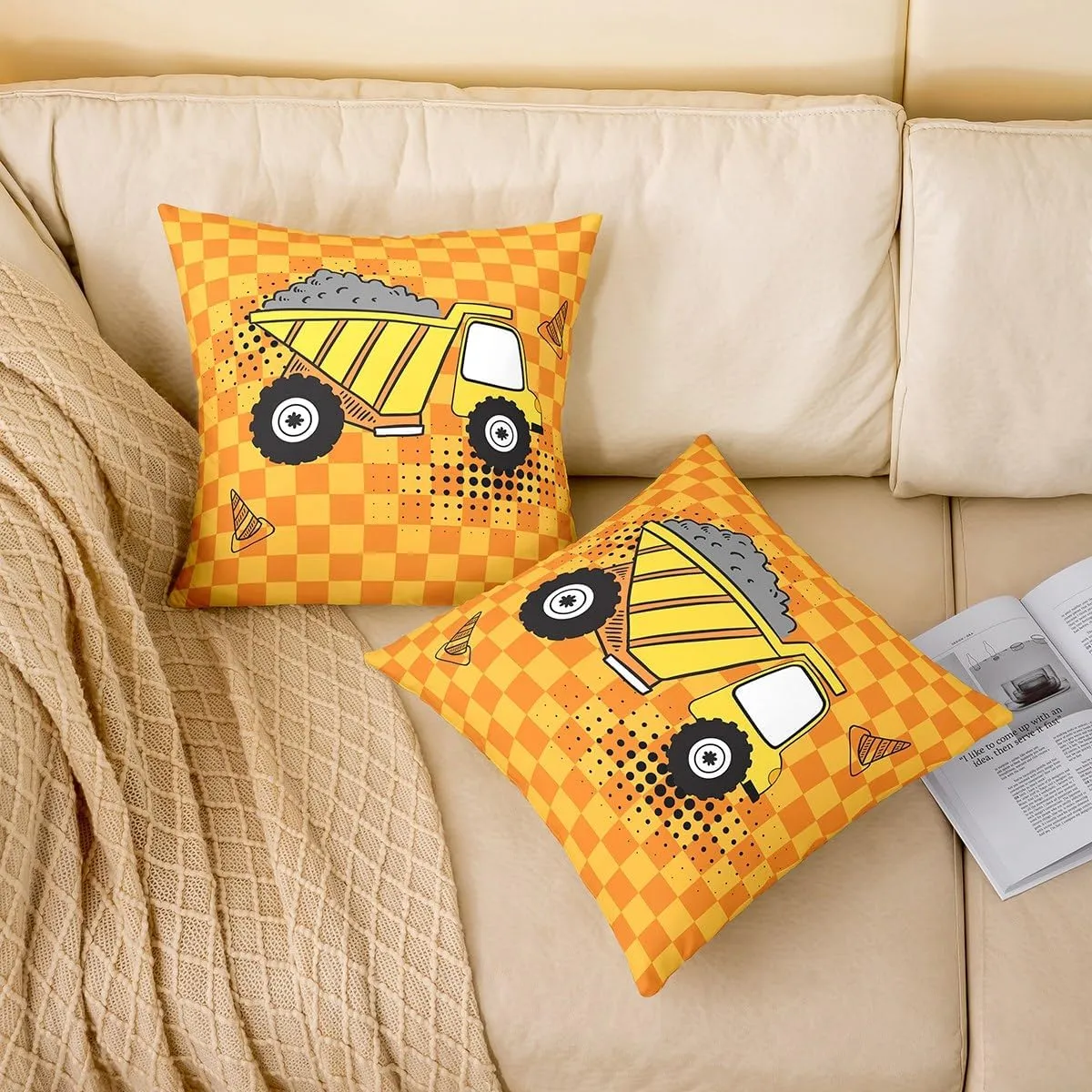 Cartoon Truck Kids Throw Pillow Covers Cute Equipment Truck Vehicle Decor Cushion Covers for Boys Girls Teens Orange Yellow Grid Hippie Graffiti Cushion Cases for Bedroom Sofa 24x24 Inch Set of 2