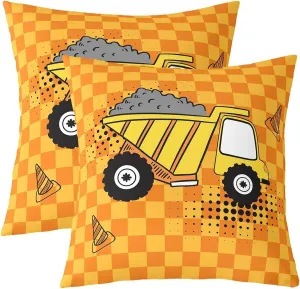 Cartoon Truck Kids Throw Pillow Covers Cute Equipment Truck Vehicle Decor Cushion Covers for Boys Girls Teens Orange Yellow Grid Hippie Graffiti Cushion Cases for Bedroom Sofa 24x24 Inch Set of 2