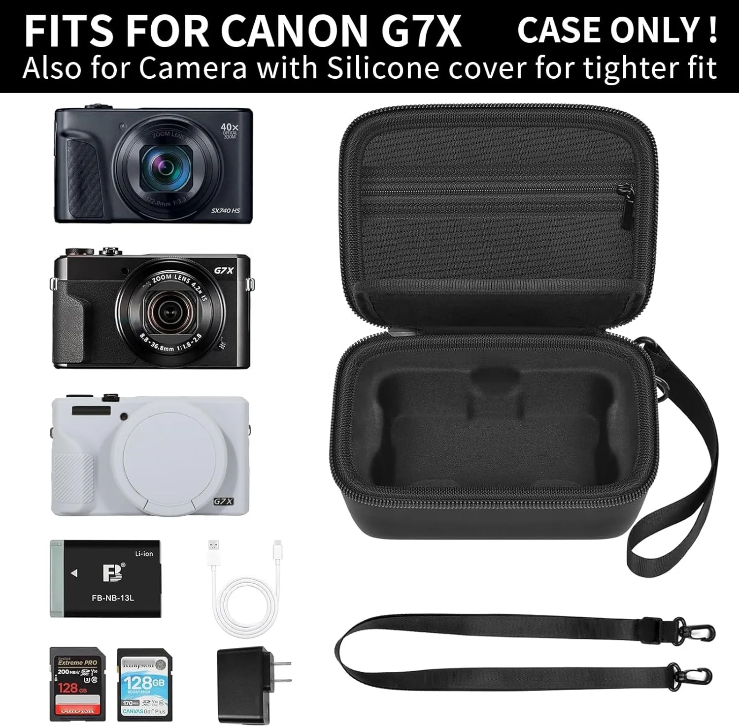 Case for Canon PowerShot G7X Mark III/ Mark II/ SX740/SX720 4K Digital Camera, Point and Shoot Vlogging Camera Bag With Padded Divider Holds SD Cards. Strap is Attached for Travel-Black(Box Only)