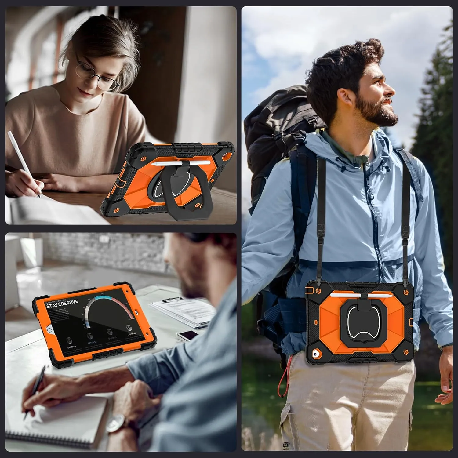 Case for iPad 9th Generation iPad Case 9th 8th 7th Generation iPad 10.2 Inch iPad 9th Gen Cover with Screen Protector Pen Holder Duty Cases for Kids 360° Rotating Stand, Black Orange