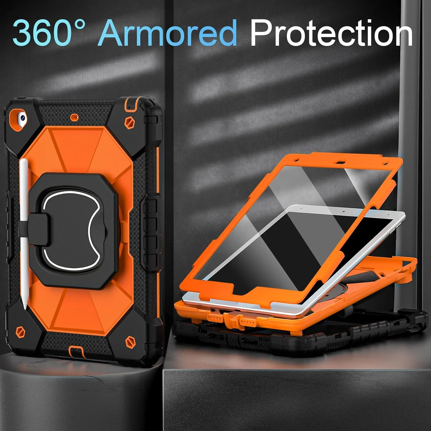 Case for iPad 9th Generation iPad Case 9th 8th 7th Generation iPad 10.2 Inch iPad 9th Gen Cover with Screen Protector Pen Holder Duty Cases for Kids 360° Rotating Stand, Black Orange