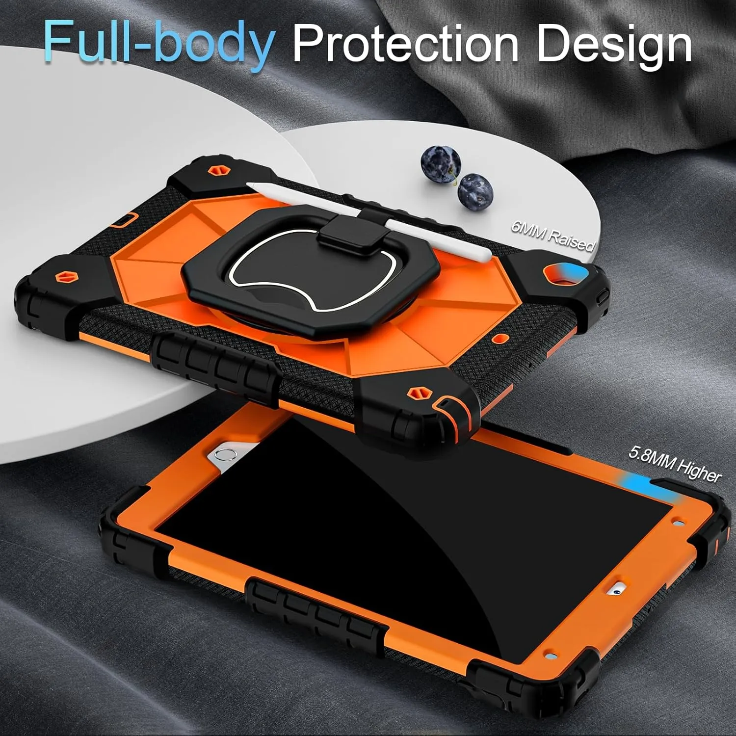 Case for iPad 9th Generation iPad Case 9th 8th 7th Generation iPad 10.2 Inch iPad 9th Gen Cover with Screen Protector Pen Holder Duty Cases for Kids 360° Rotating Stand, Black Orange