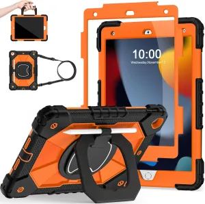 Case for iPad 9th Generation iPad Case 9th 8th 7th Generation iPad 10.2 Inch iPad 9th Gen Cover with Screen Protector Pen Holder Duty Cases for Kids 360° Rotating Stand, Black Orange