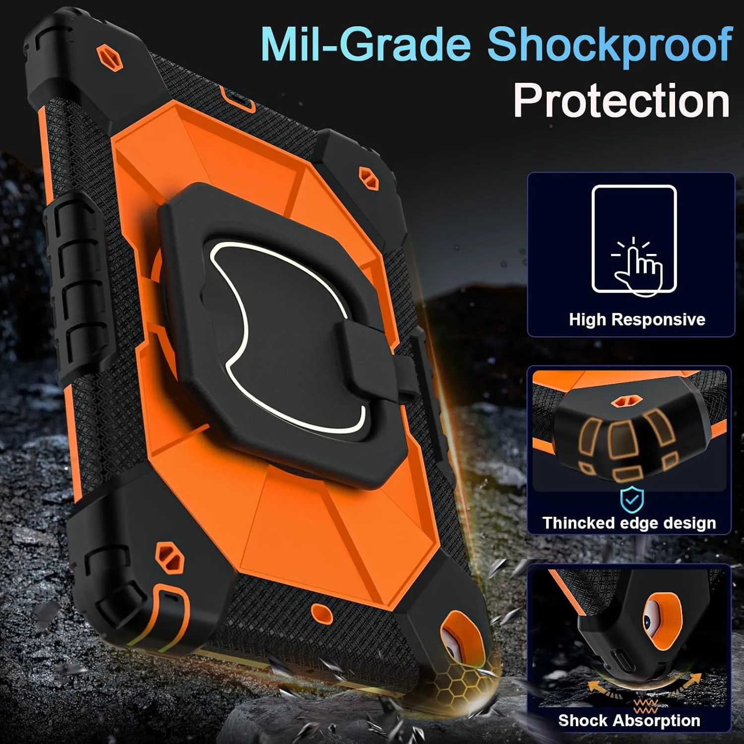 Case for iPad 9th Generation iPad Case 9th 8th 7th Generation iPad 10.2 Inch iPad 9th Gen Cover with Screen Protector Pen Holder Duty Cases for Kids 360° Rotating Stand, Black Orange