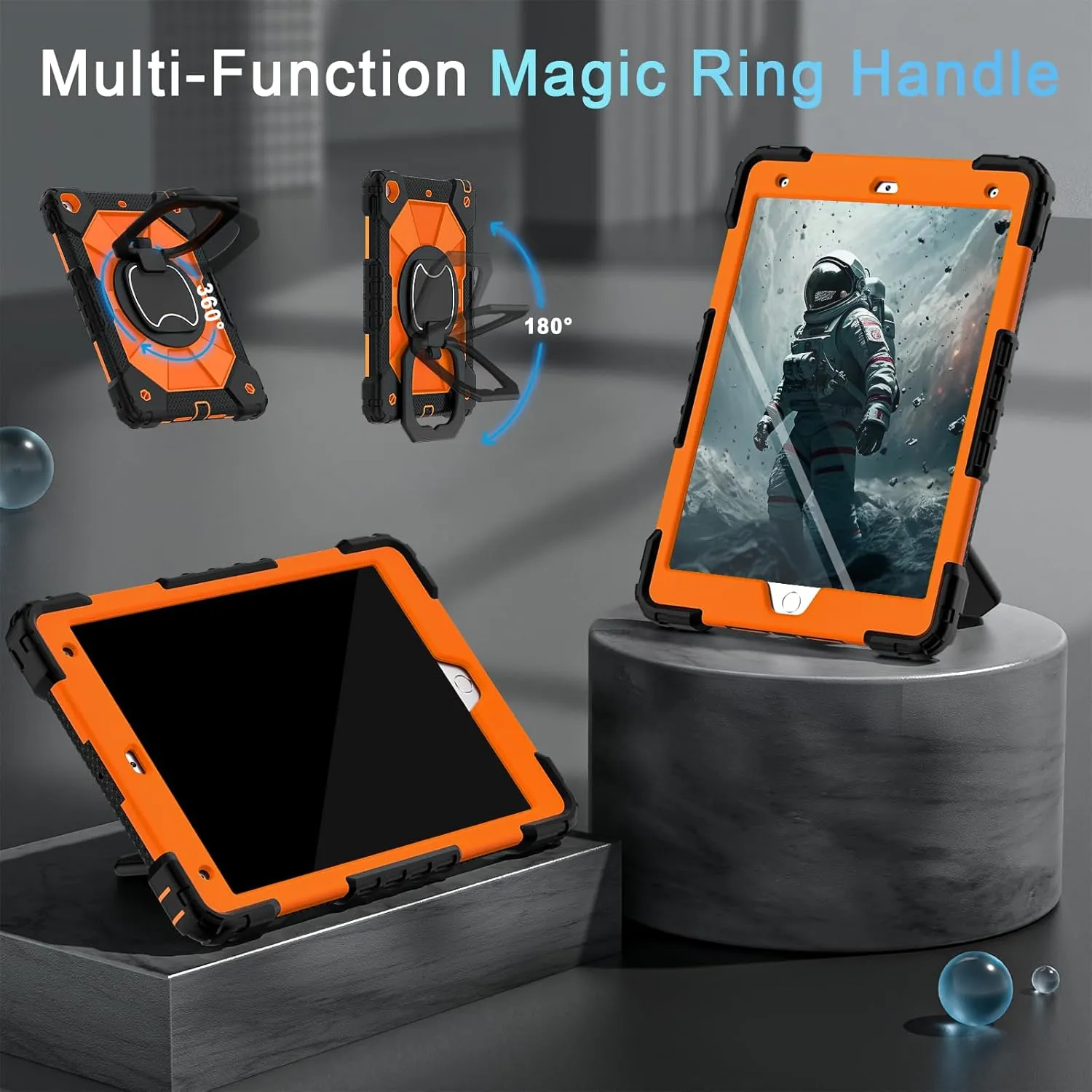 Case for iPad 9th Generation iPad Case 9th 8th 7th Generation iPad 10.2 Inch iPad 9th Gen Cover with Screen Protector Pen Holder Duty Cases for Kids 360° Rotating Stand, Black Orange