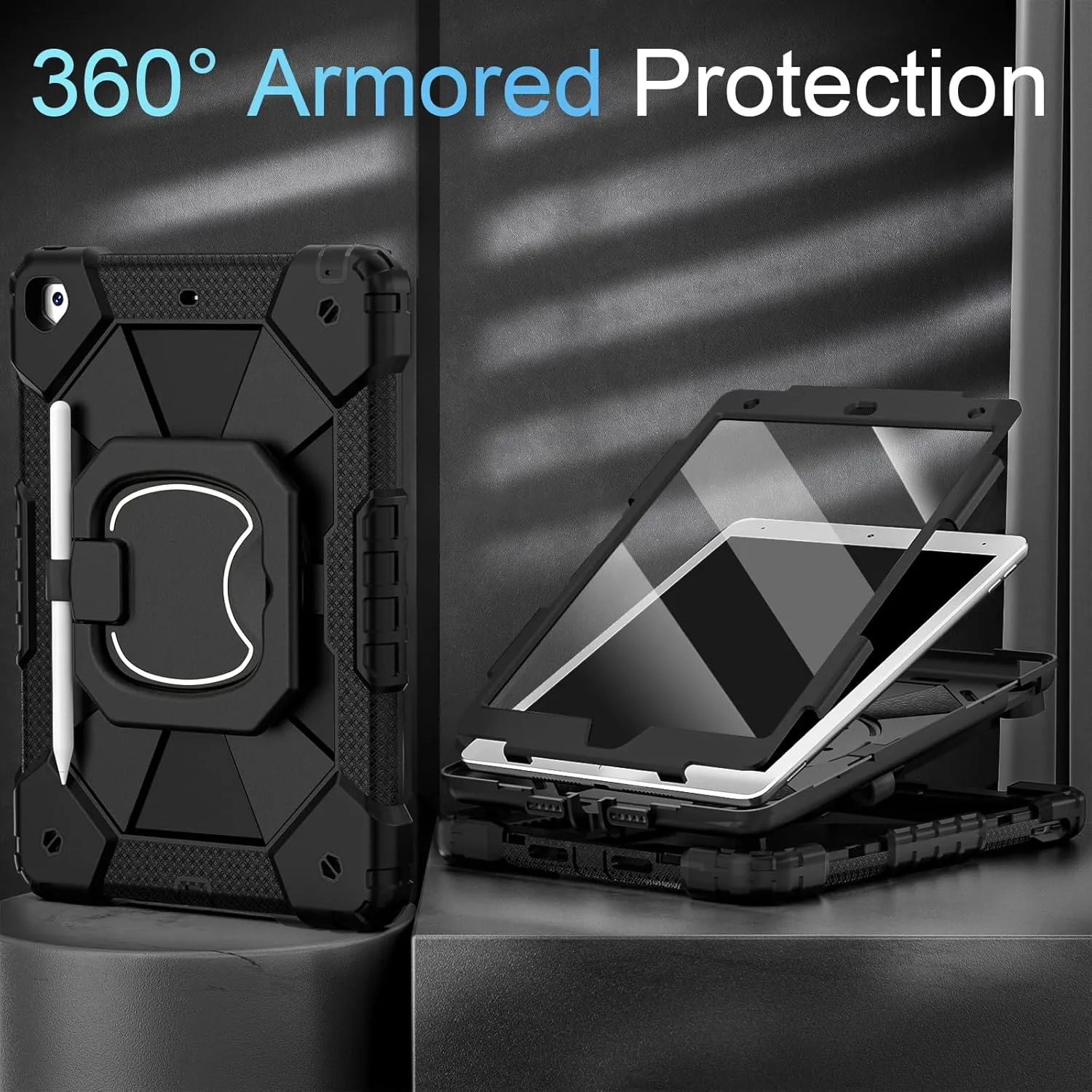 Case for iPad 9th Generation iPad Case 9th 8th 7th Generation iPad 10.2 Inch iPad 9th Gen Cover with Screen Protector Pen Holder TabletCases for Kids 360° Rotating Stand, Black Black