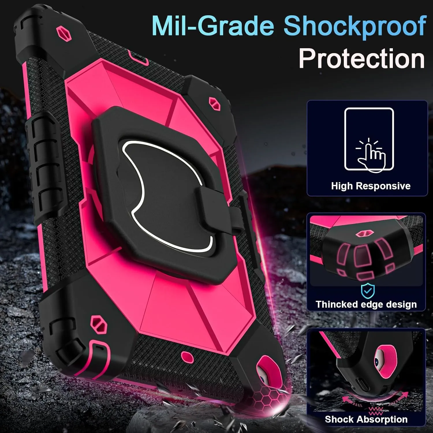 Case for iPad 9th Generation iPad Case 9th 8th 7th Generation iPad 10.2 Inch iPad 9th Gen Cover with Screen Protector Pen Holder TabletCases for Kids 360° Rotating Stand, Black Pink