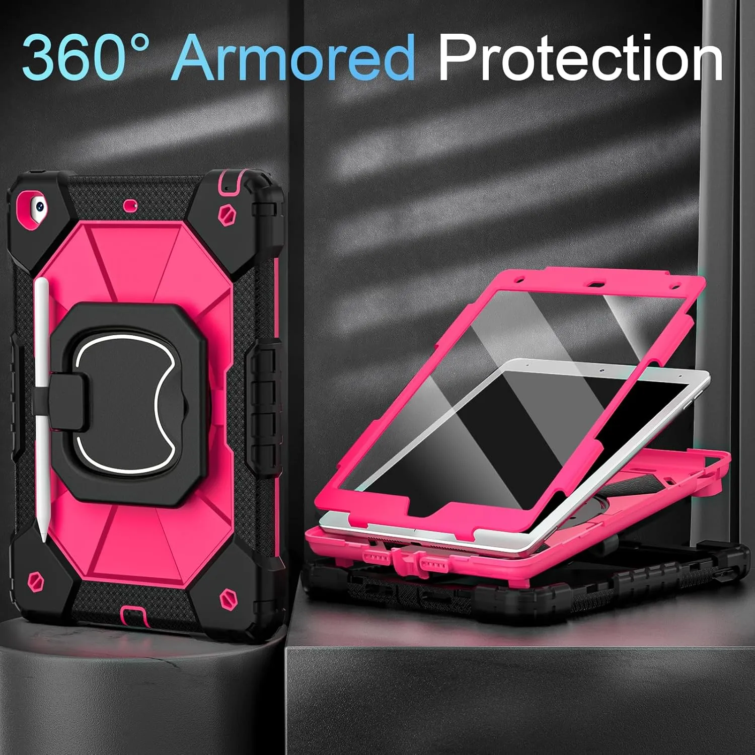 Case for iPad 9th Generation iPad Case 9th 8th 7th Generation iPad 10.2 Inch iPad 9th Gen Cover with Screen Protector Pen Holder TabletCases for Kids 360° Rotating Stand, Black Pink