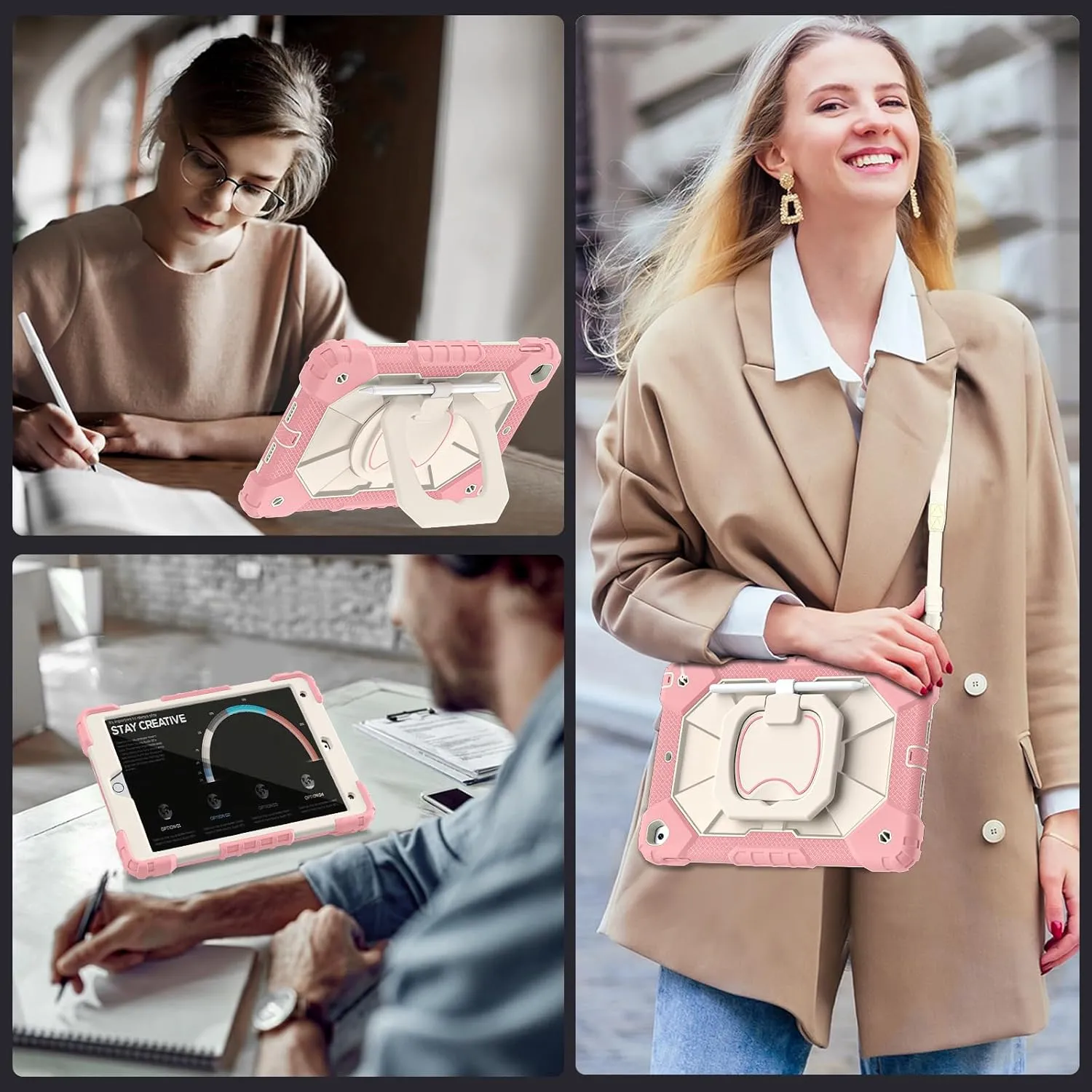Case for iPad 9th Generation iPad Case 9th 8th 7th Generation iPad 10.2 Inch iPad 9th Gen Cover with Screen Protector Pen Holder TabletCases for Kids 360° Rotating Stand, Rose White