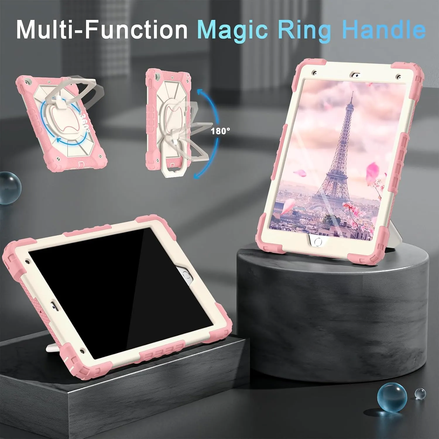 Case for iPad 9th Generation iPad Case 9th 8th 7th Generation iPad 10.2 Inch iPad 9th Gen Cover with Screen Protector Pen Holder TabletCases for Kids 360° Rotating Stand, Rose White