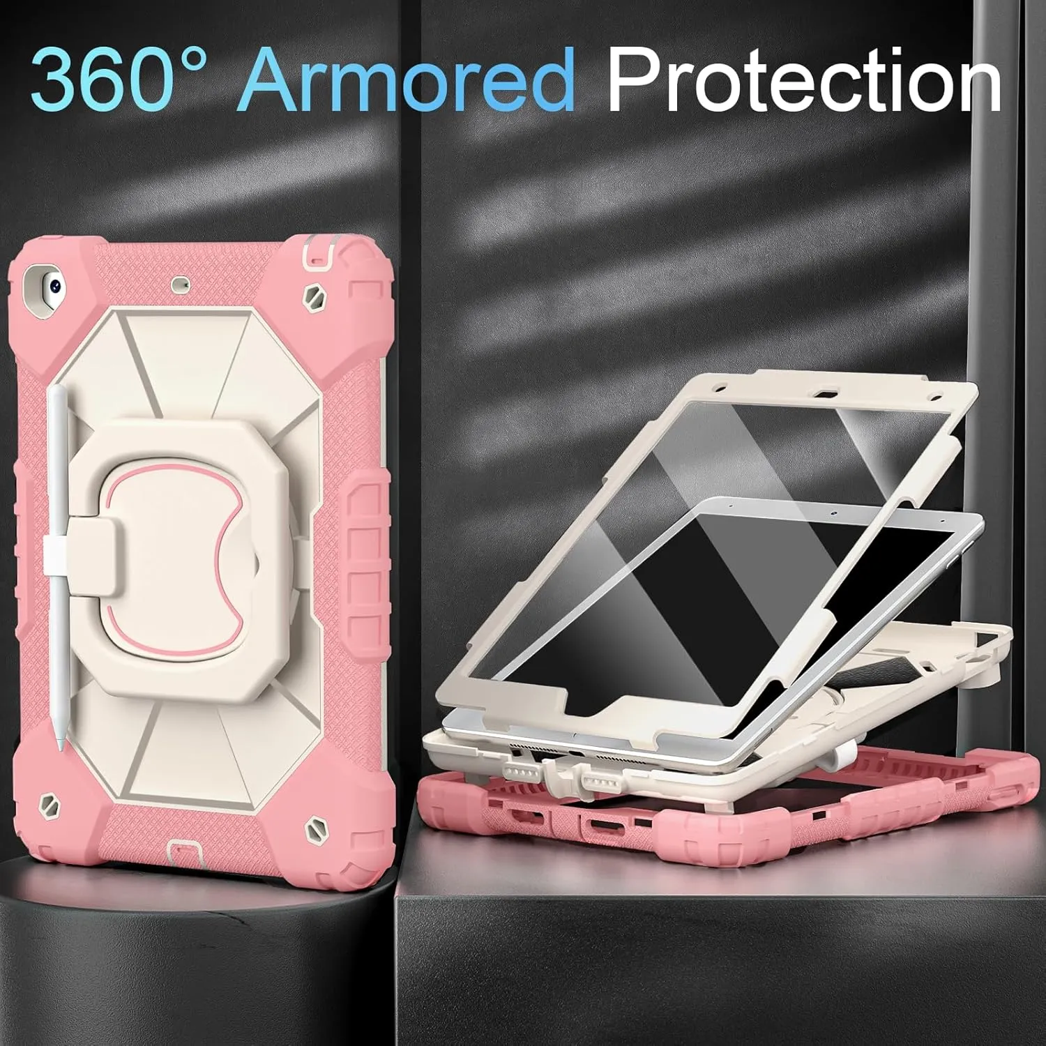 Case for iPad 9th Generation iPad Case 9th 8th 7th Generation iPad 10.2 Inch iPad 9th Gen Cover with Screen Protector Pen Holder TabletCases for Kids 360° Rotating Stand, Rose White