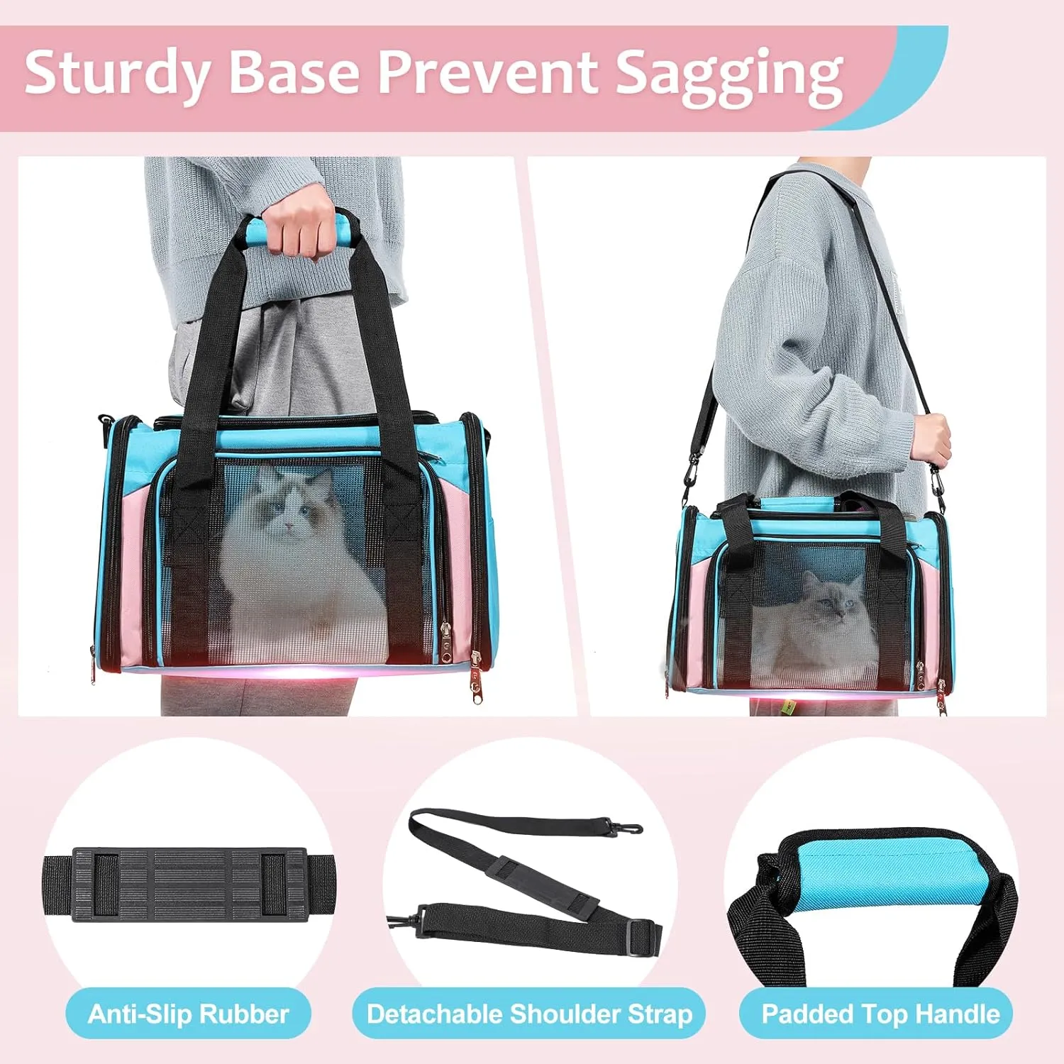 Cat Dog Carrier Up to 15 Lbs TSA Airline Approved Pet Carrier for Small Medium Cats Puppies Dog Carriers for Small Dogs Collapsible Soft Sided Cat Travel Carrier - Blue&Pink 17"x11"x11"