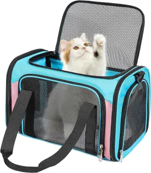Cat Dog Carrier Up to 15 Lbs TSA Airline Approved Pet Carrier for Small Medium Cats Puppies Dog Carriers for Small Dogs Collapsible Soft Sided Cat Travel Carrier - Blue&Pink 17"x11"x11"