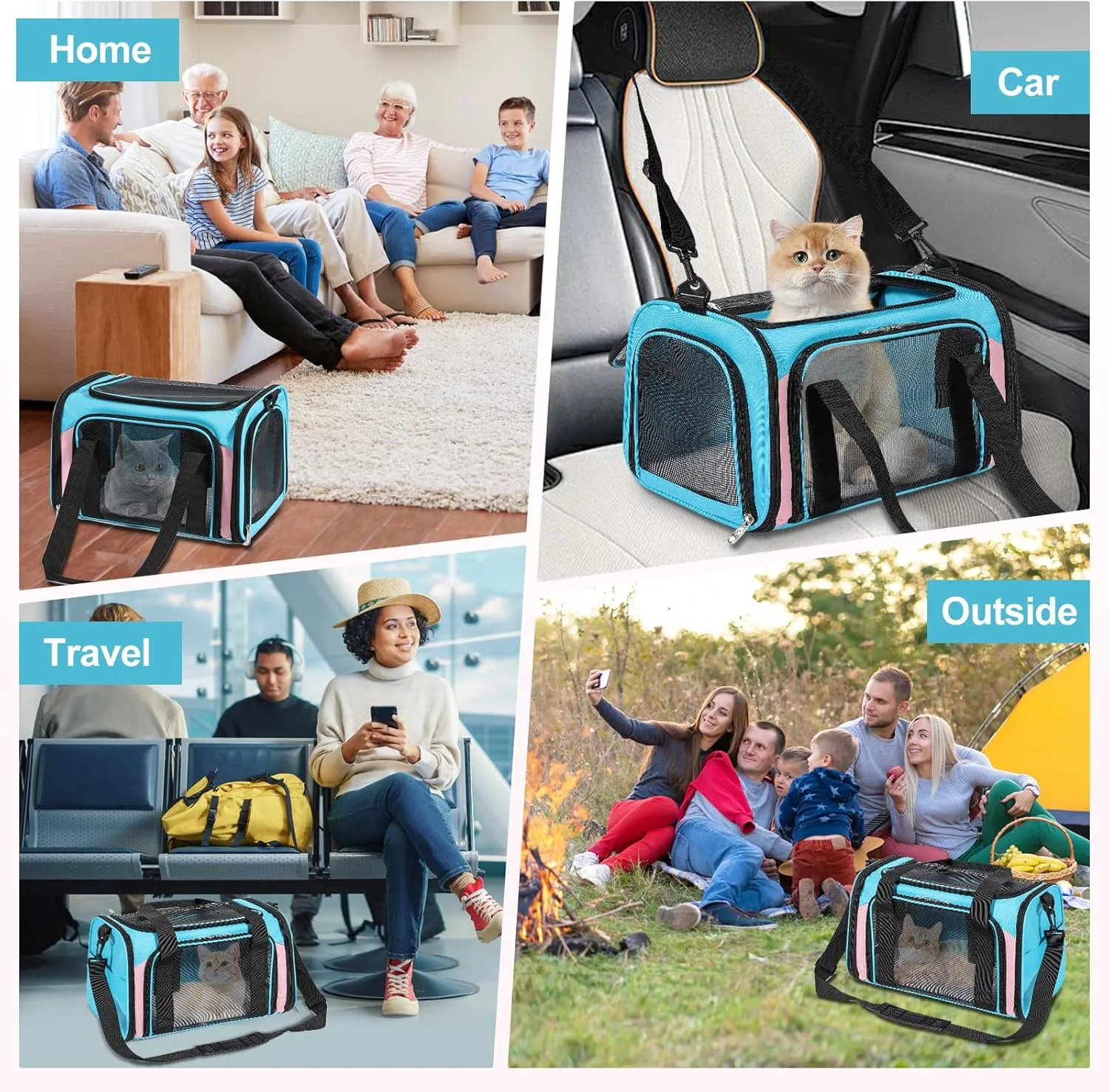 Cat Dog Carrier Up to 15 Lbs TSA Airline Approved Pet Carrier for Small Medium Cats Puppies Dog Carriers for Small Dogs Collapsible Soft Sided Cat Travel Carrier - Blue&Pink 17"x11"x11"